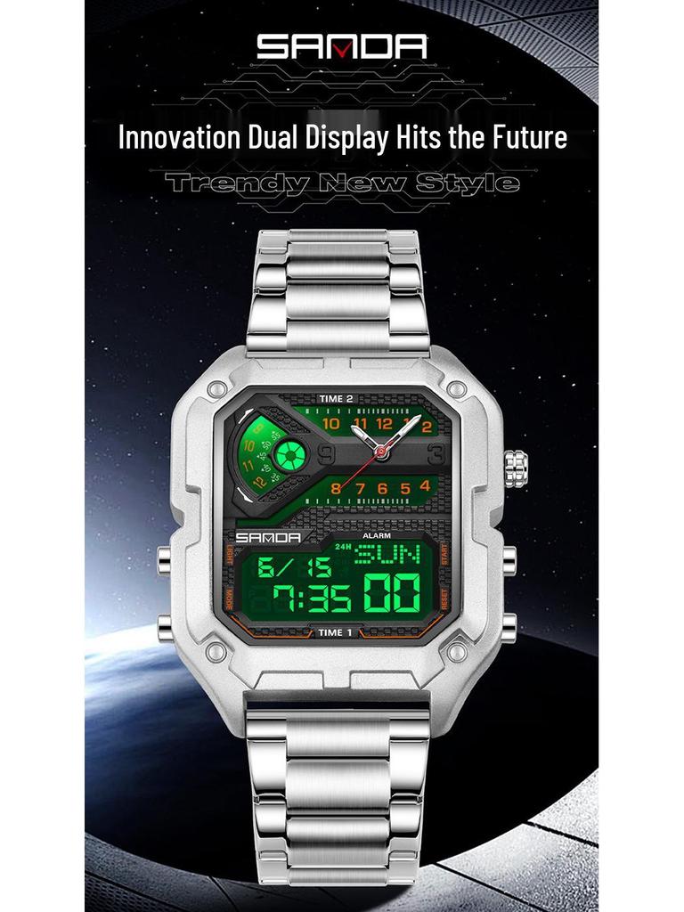 SANDA Men's Luxury Quartz Watch - Steel Band, Waterproof, Three-Time Zone, Versatile for Casual and Workplace Wear.