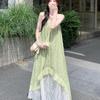 Green Mesh Splicing Suspender Dress Women's Summer New Beautiful Holiday Wind Floral Chiffon Dress