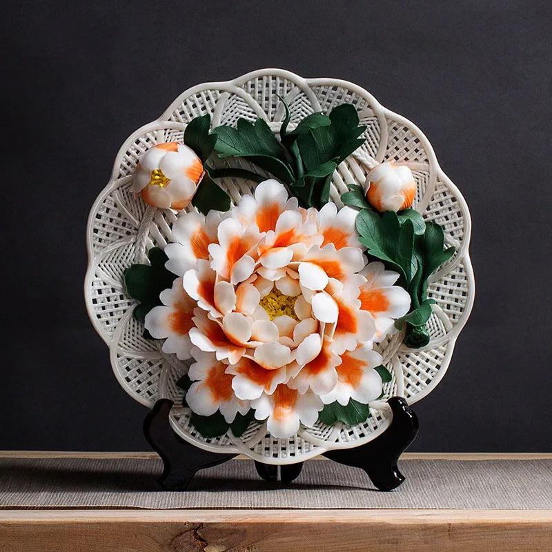 Pure Handmade HomeDecor Ceramic Art Hanging Plate Peony Flower Plate Chinese Craft Gift Creative LivingRoom Decoration Ornaments