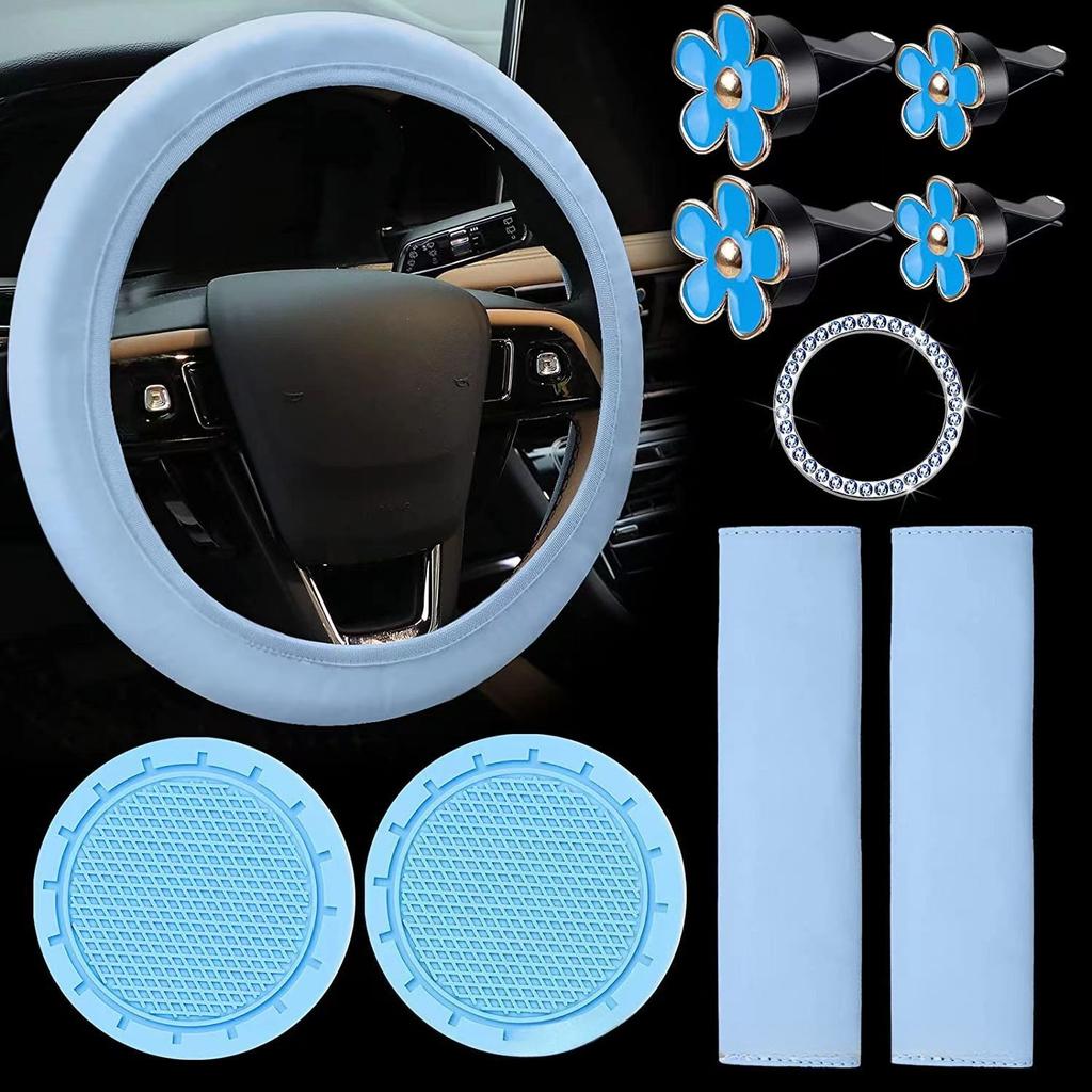 10Pcs Car Accessories Set Steering Wheel Cover Safety Shoulder Clip Cup Holder Start Button Clip Air Vent Flower Decor Covers
