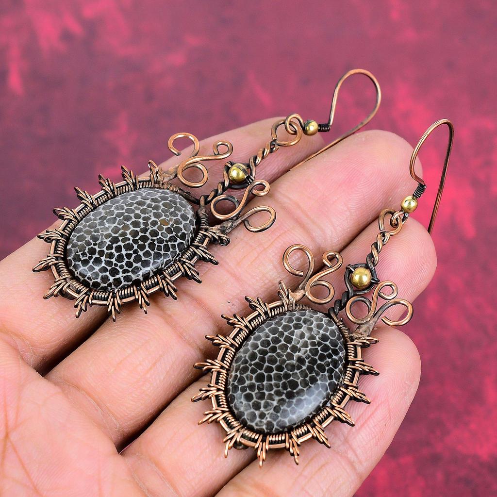 Stingray Coral Earring Copper Wire Wrapped Earring Gemstone Earrings Handmade Copper Jewelry Dangle Earrings Gifts for Her Wire Wrap Jewelry