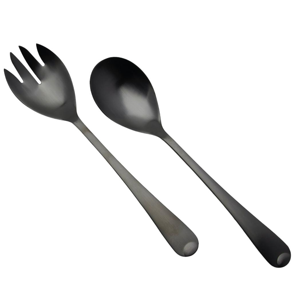 Spoon Long Cutlery For Salad Fork Spoon Set 2 Pieces Black