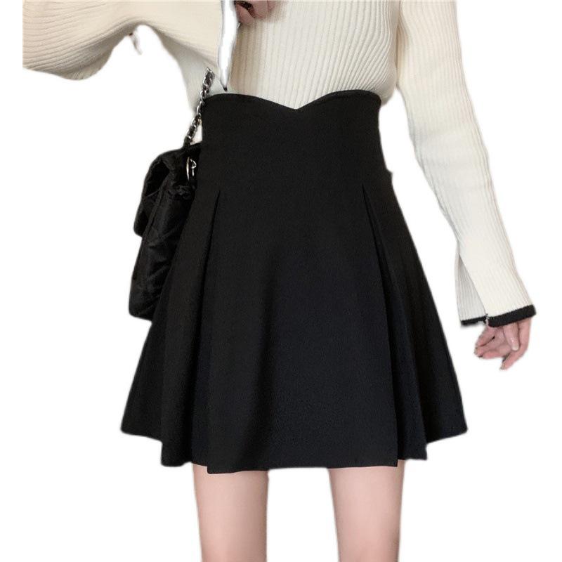 2024 New Korean Style Women's Black Pleated A-line High Waist Midi Skirt
