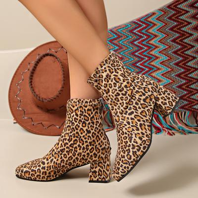 Mode Übergröße Mode Leopard Stiefeletten für Damen 2024 Reißverschluss hinten Klobige hohe Absätze Stiefeletten Frau Trendige Herbst Winterschuhe