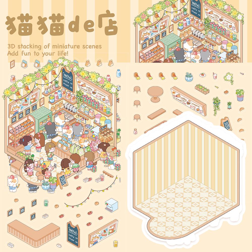 Cat shop Festival Landscape Sticker Laptop Restaurant Stationery Cabin Skateboard Bicycle Miniature Skateboard Scene Decals