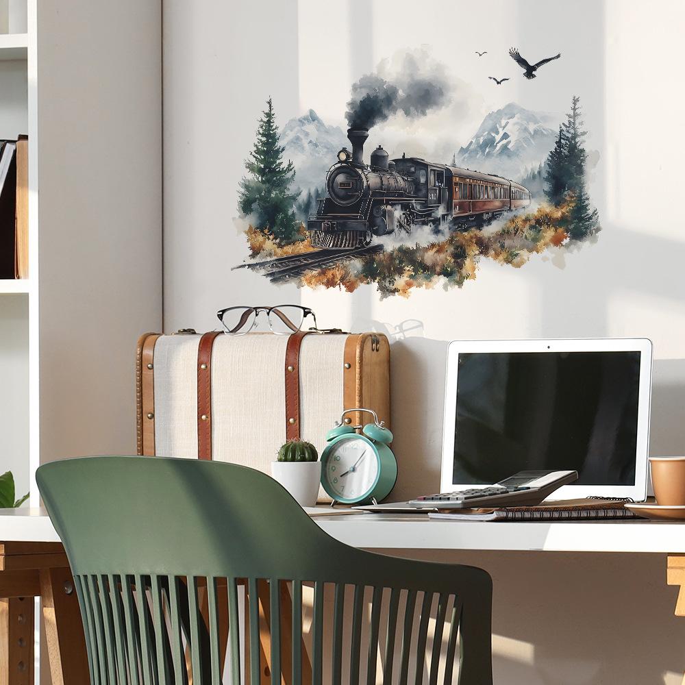 Artistic Watercolor Journey Train Wall Stickers Whimsical Self-Adhesive Wall Art for Bedroom and Living Room Home Decor
