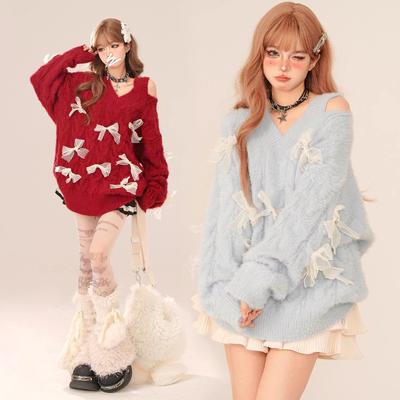 Elegant Strikket Genser Dame Vinter Fortykket Sløyfe Løs Langermet Casual Koreansk Pullover Estetisk Kawaii Søt Genser