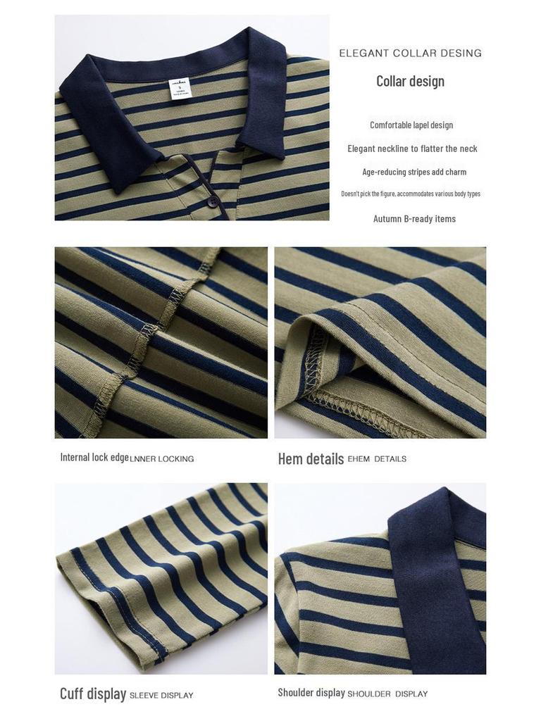 Women's Striped Long-Sleeve Polo Top in Pure Cotton