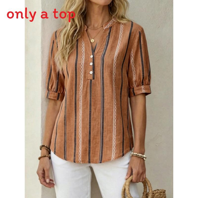 Summer Womens Short Sleeve Linen Striped Print Shirt With V Neck For Casual Wear