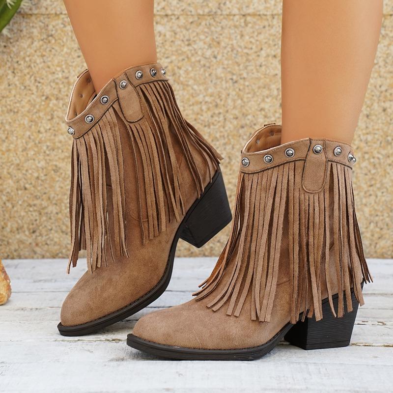 Fashion Autumn Shorthole Boots Fashion Pointed Toe Suede Tassel Studded Non-Slip Wear-Resistant Block Heel Single Boots