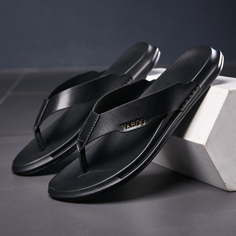 Brand Summer Beach Men Slippers Fashion Genuine Leather Casual Shoes Mens Beach Flip Flops Male Flats Outdoor Rubber Cool Shoes