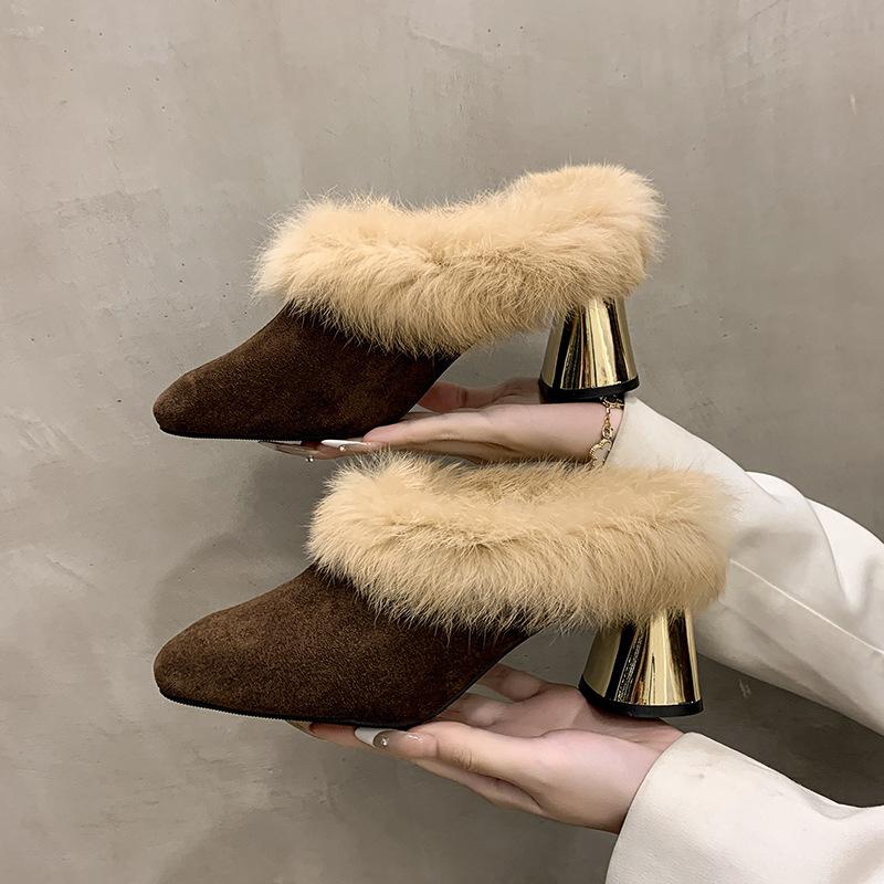 Autumn Winter Women's Fuzzy Slippers High Heel Mules Chunky Heel Plush Slides French Style Luxury Cotton Slippers Elegant Shoes
