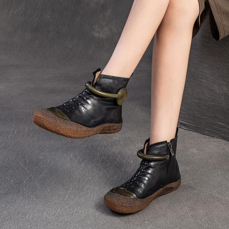 Fashion GKTINOO Retro Genuine Leather Short Boots Women's Shoes 2024 Autumn New Round Toe Soft Sole Comfortable Flat Ankle Boots