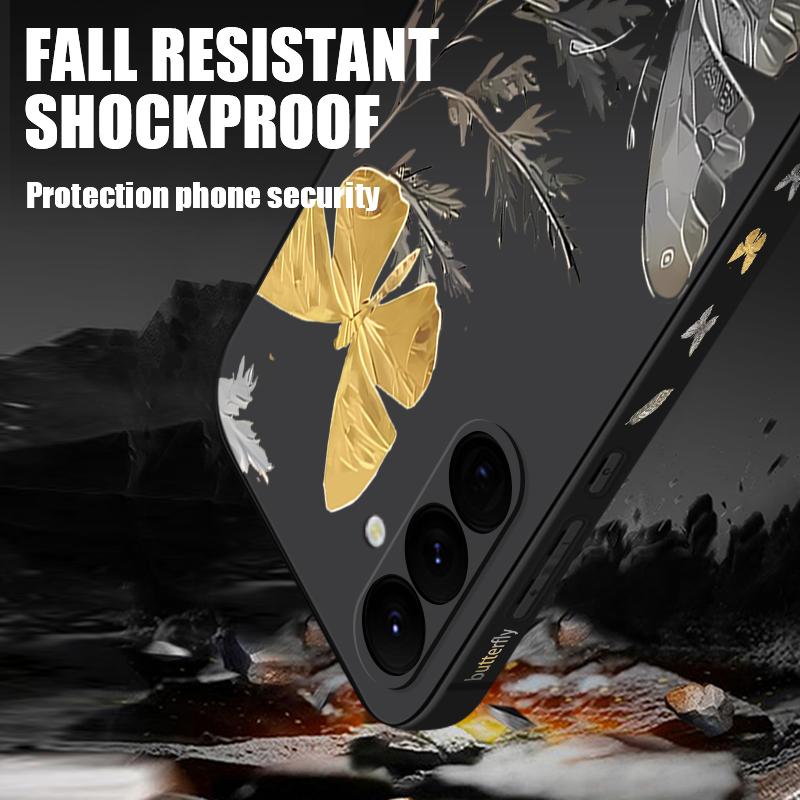 Plating Lens Golden Butterfly Pattern Case For Samsung Galaxy A56 A17 A26 A16 A36 A55 A54 A53 A15 S24 S25 FE S25 S22 S23 Ultra Plus Lanyard Soft Cover