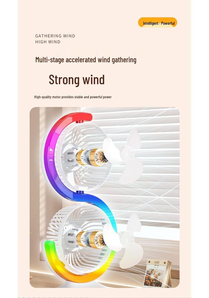 Portable Dual-Head Desktop Fan with Seven-Color LED, Strong Wind, USB Rechargeable for Outdoor and Dormitory Use