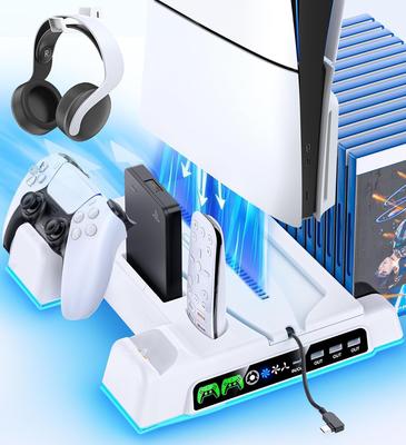 Met PS5 Slim Verticale Koelstandaard met Ventilator en PS5 Controller Laadt Twee Controllers Tegelijkertijd op met Laadindicator Slaat Spelschijf op en