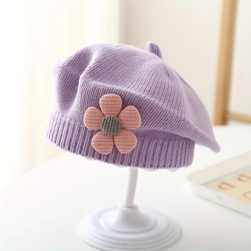 1pc Stretchy Knitted Beret Hat for 0-2 Years - Soft Warm Winter Hat with Floral Embellishment, Foldable Christmas Holiday Outfit