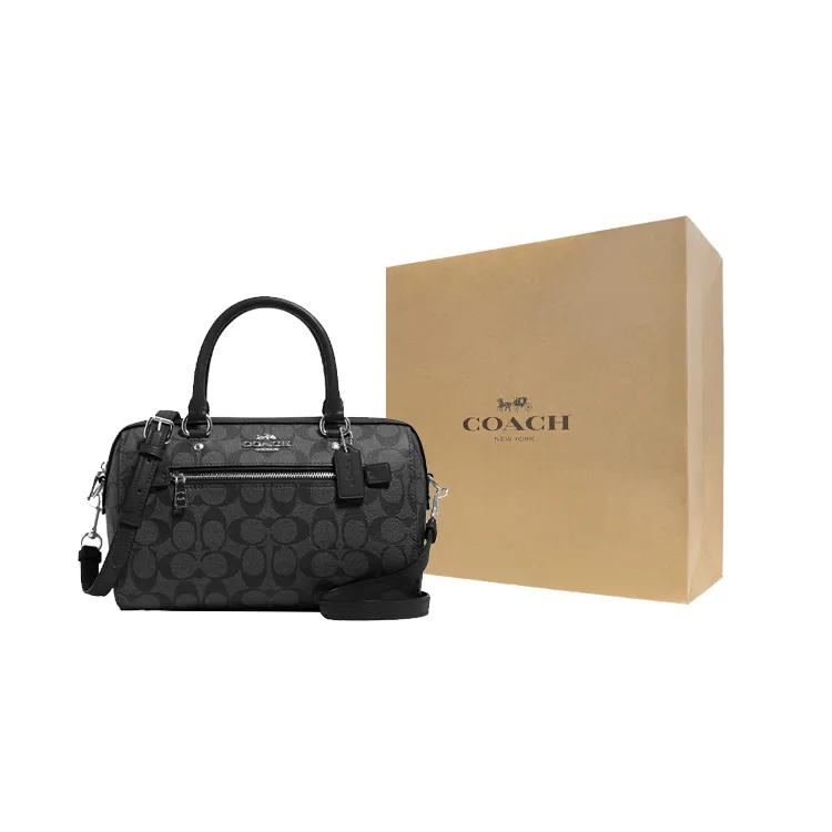 COACH Rowan Canvas Leather Boston Bag , Pillow Bag , Shoulder Bag , Crossbody Bag , Handbag Medium Women's Black Gray (Unisex) Handbags