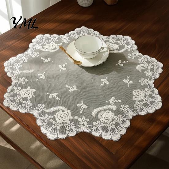 Retro European Style Table Linens Lace Placemat, White Floral Doilies, Embroidered Mat, Elegant Photo Backdrop Prop Sheer Mesh Doily for Tea