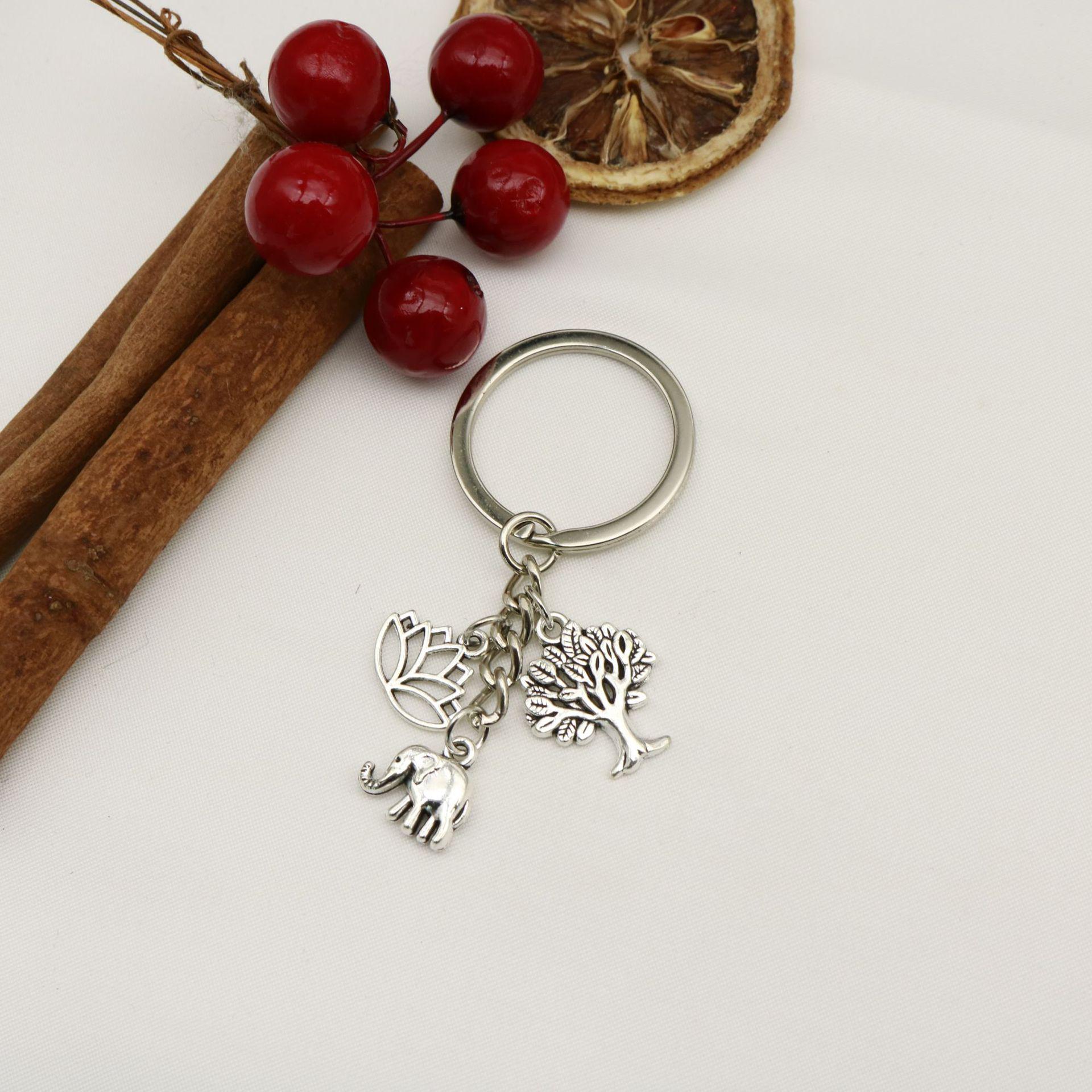Hot Selling Elephant Lotus Tree Pendant Keychain - Cute & Simple Metal Charm Ornament