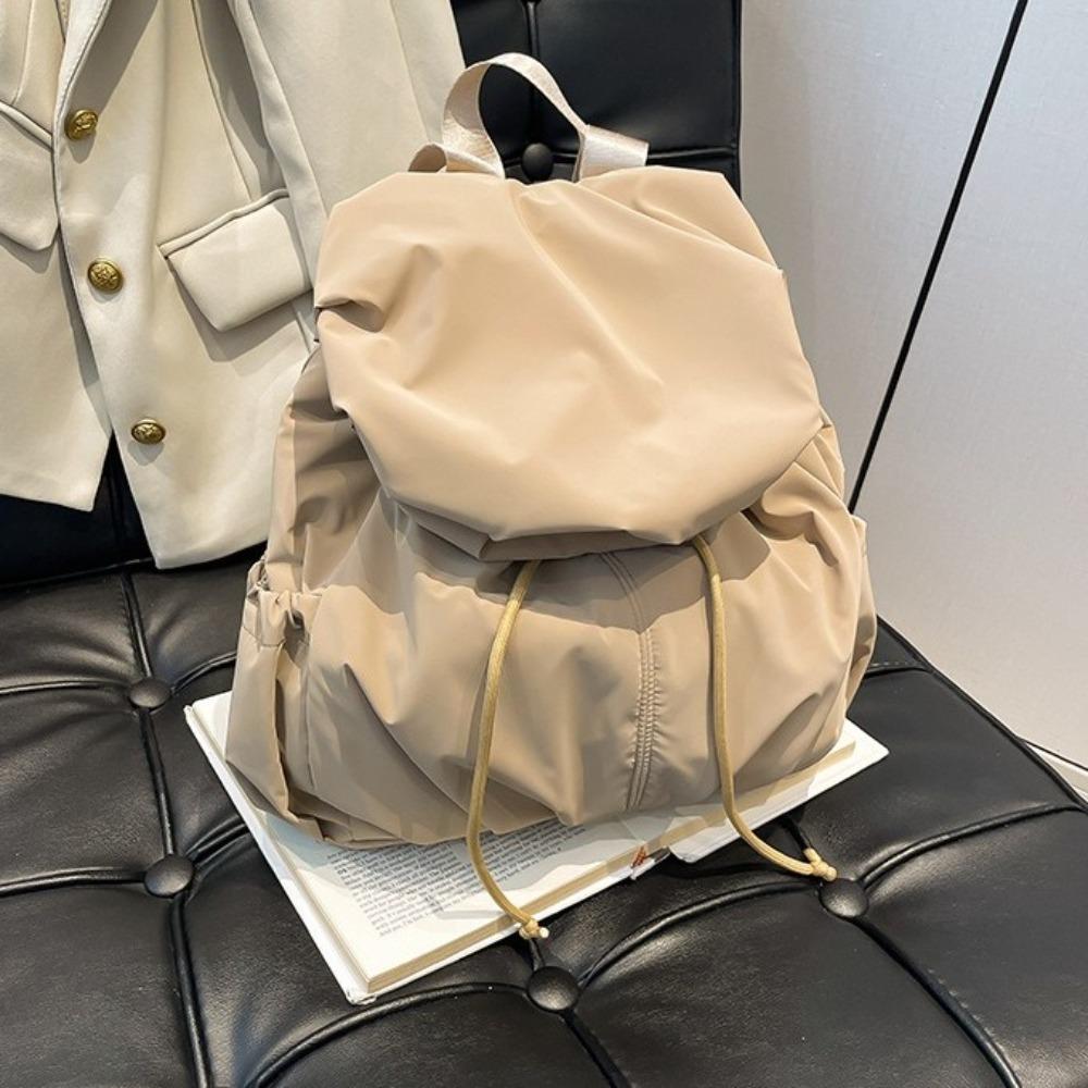 Pleated Nylon Backpack Solid Color Sports Shoulders Bag Casual Drawstring Backpack  College