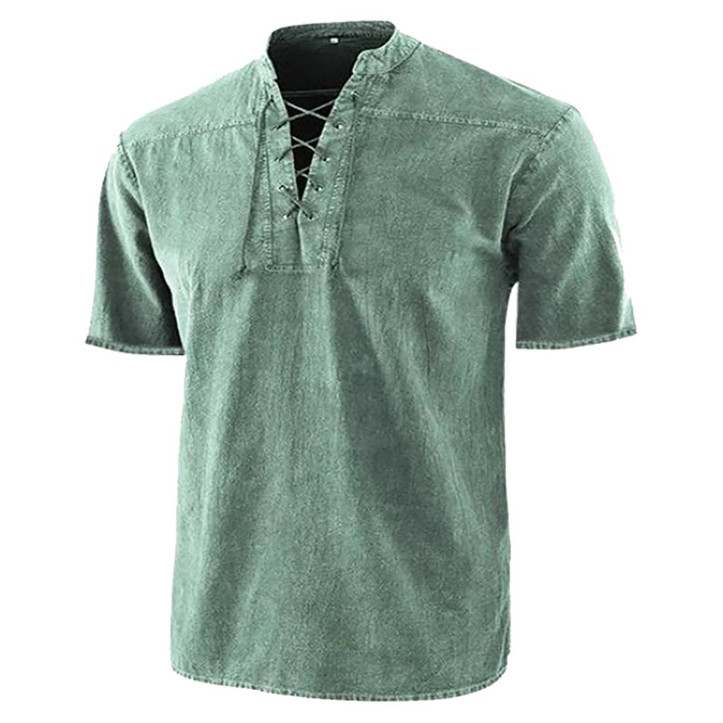Men's Casual, Fashionable, Retro Lace-up Stand-up Collar Pullover Short-sleeved Top