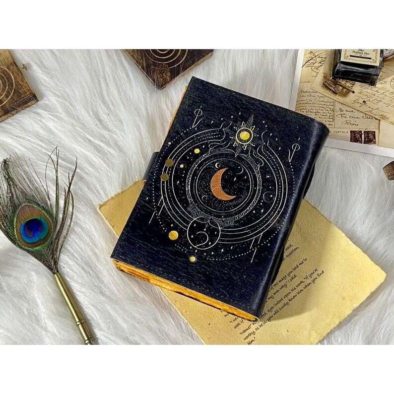 Sun and Moon Leather Notebook Spell Book Handstitched Journal Grimoire Journal Handmade Journal With Deckle Edge Paper Gifts For Him Her