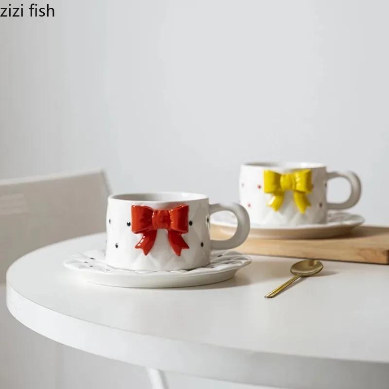 Bow Knot Ceramic Cup and Plate Set Girls Coffee Mug  Home Breakfast Cups Office Afternoon Tea Cup Water Cups Milk Mug Juice Mugs
