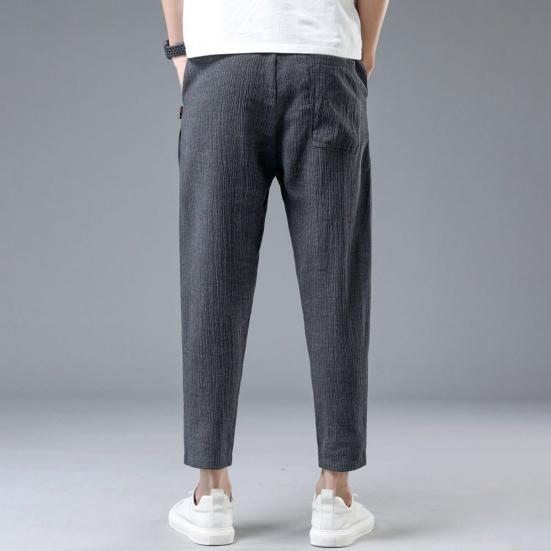 Men Ninth Pants Drawstring Elastic Waist Straight Leg Loose Solid Color Pockets Plus