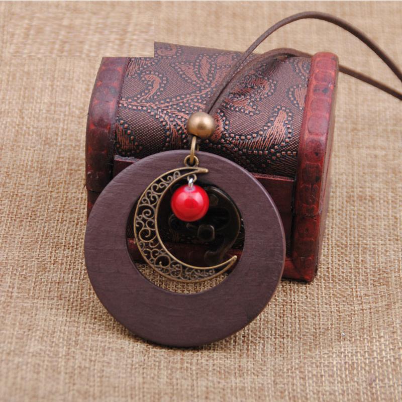 

Chain Wholesale Necklace Gift Rope Retro Wood Pendant Necklace Necklace Female Accessories Long Sweater Cotton Linen Ethnic Style