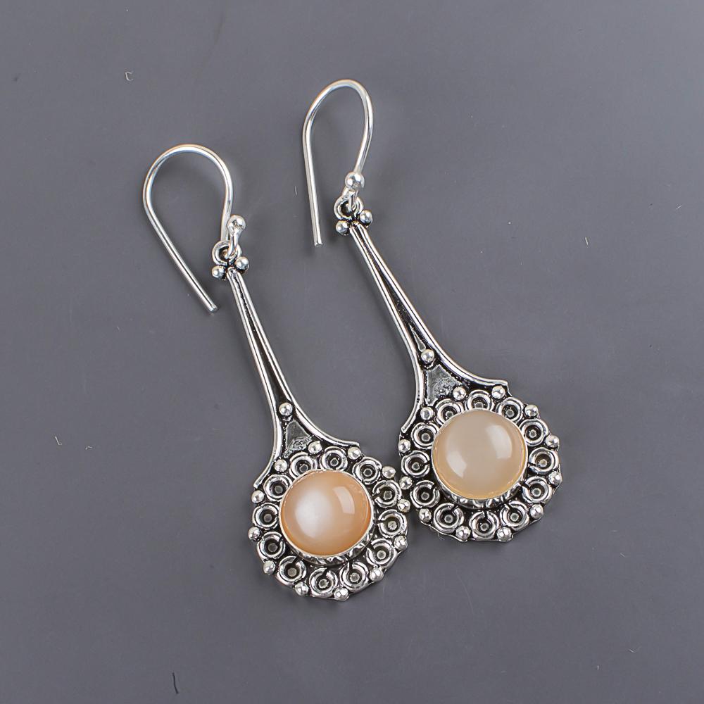 Peach Moonstone Gemstone Handmade 925 Sterling Silver Jewelry Magnificent Earrings For Wedding Gift