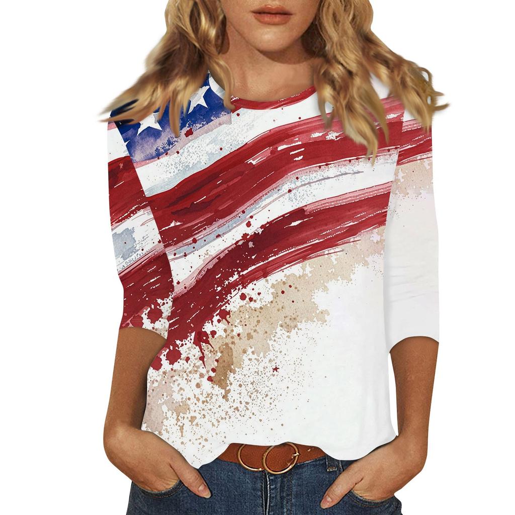 Damenmode Lässig Rundhals Bedrucktes 3/4 T-Shirt Top