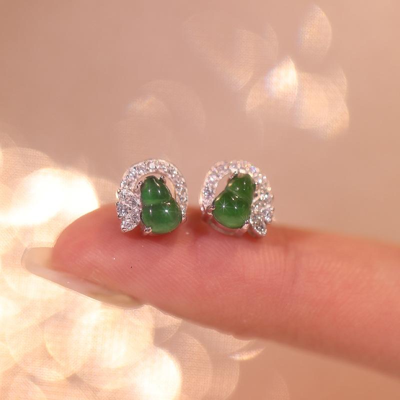 Neue chinesische Retro-Stil Fulu-Kürbis Ohrstecker Sterling Silber s925 Silber eingelegt mit natürlichem gefährlichem Material Jadeit Ohrringe Geschenk