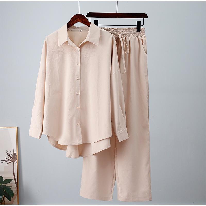 Summer Outfits for Women Fashion Loose Elastic Wrinkle Long Sleeve Shirt Wide Leg Pants Casual Set for Women 2 Piece Set
