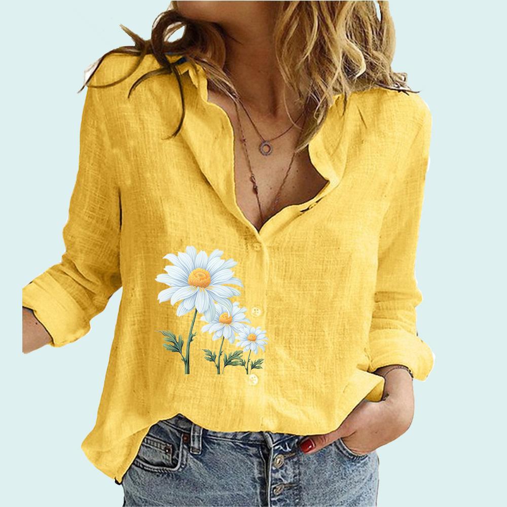 

Женская модная рубашка с цветочным принтом, женская мода, весенне-осенний топ на пуговицах с длинными рукавами, женские льняные блузки с длинными рукавами 5XL жёлтый