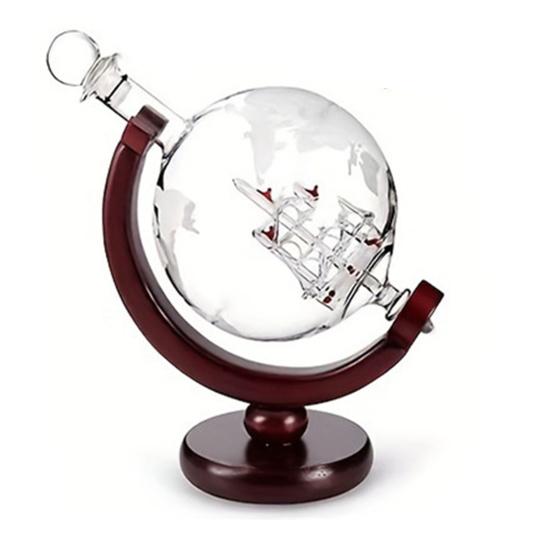 Welt Erde Karaffe Set, 850ml Schiff Whiskey Karaffe mit 2 Gläsern, Holzständer Rotierender Weinspender, Geschenk für Männer Papa
