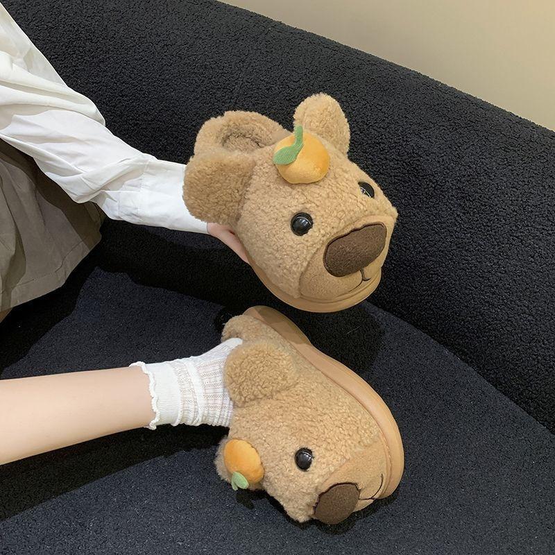Thick Bottom Heightening Versatile Bag Head Slippers Cute Cartoon Persimmon Bear Fluffy Slippers Women's New Autumn and Winter Models