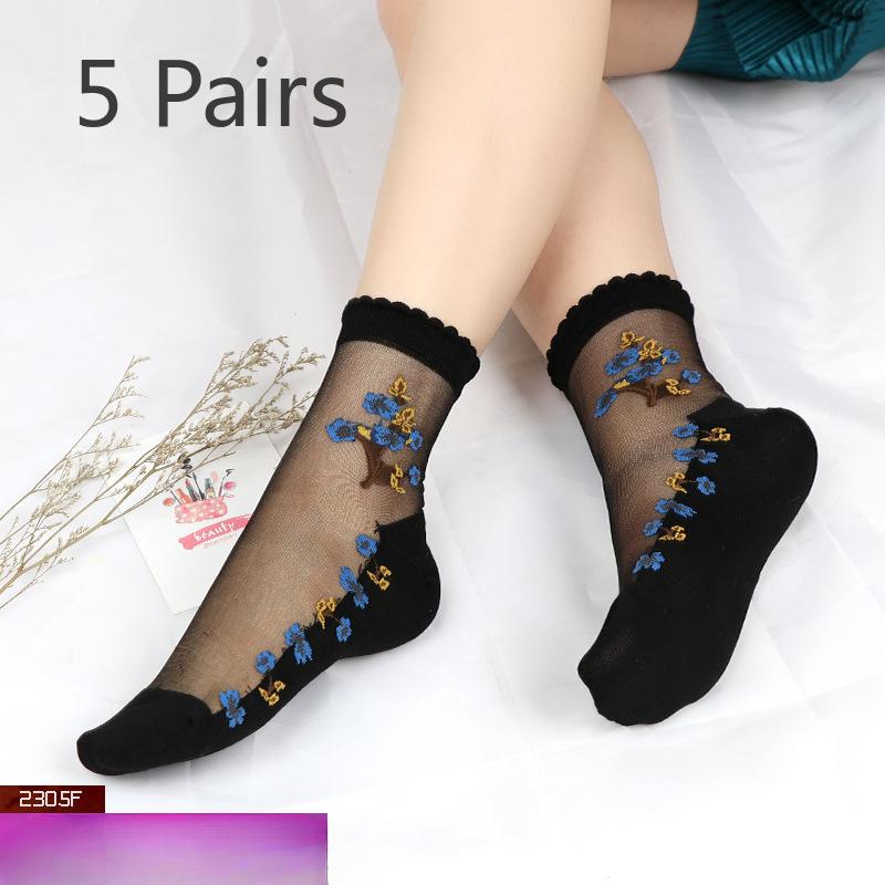 5 Pairs of Ladies Spring and Summer New Style Flowers Sexy Thin Transparent Cotton Bottom Glass Silk In The Tube Socks