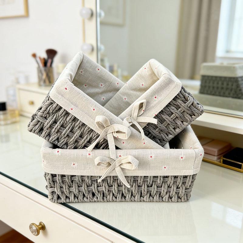 Woven Rattan Storage Basket with Lid - Snack, Sundries & Key Organizer
