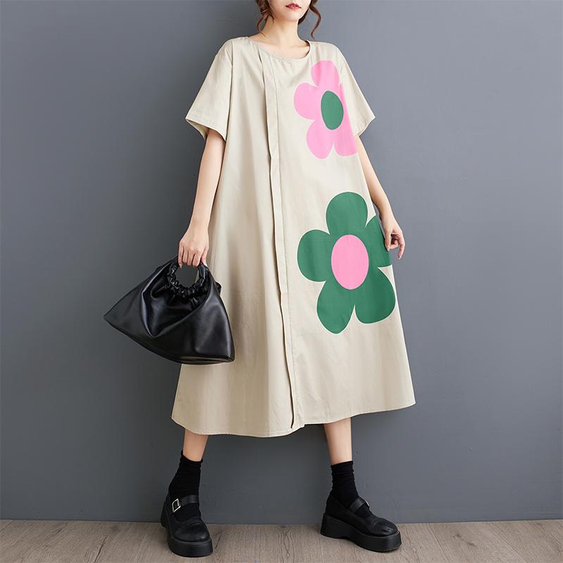 

Dimanaf 2025 Плюс Размер Женское Летнее Свободное Платье Женское Длинное Платье Винтаж Повседневный Цветочный Принт Базовое Платье Оверсайз One Size бежевый