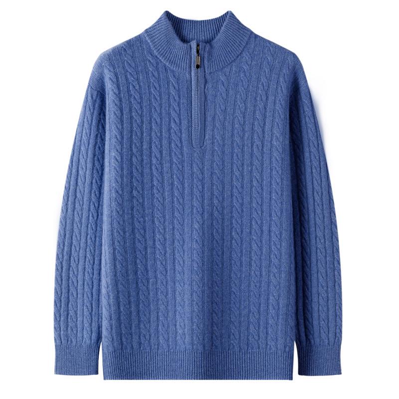 Men's 2024 Autumn/Winter Zippered Cashmere Sweater - Half-High Collar, Thick Cable Knit, Loose Plus Size