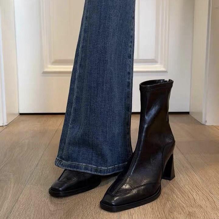 High Heel Short Boots Women's Retro Square Head Elastic Skinny Boots Rear Zipper Thick Heel Martin Boots