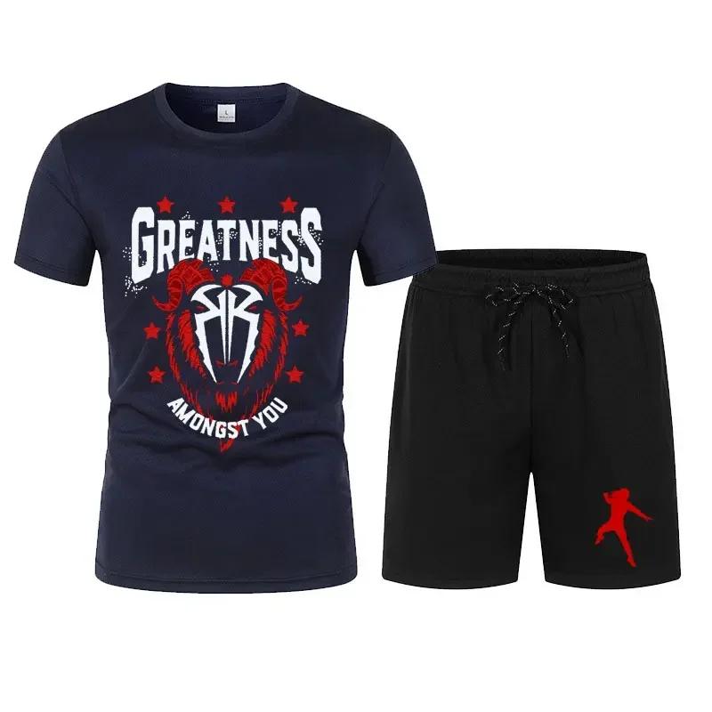 Bărbați's Black Roman Reigns Levels Above T-shirt Shorts Set de vară cu mânecă scurtă Bărbat Overiszed costume Seturi de îmbrăcăminte la modă noi