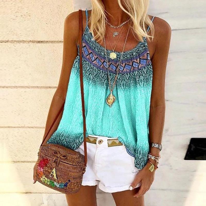 

2026 European & American Casual Hand-Painted Print Strappy Cotton Blend Summer T-Shirt M