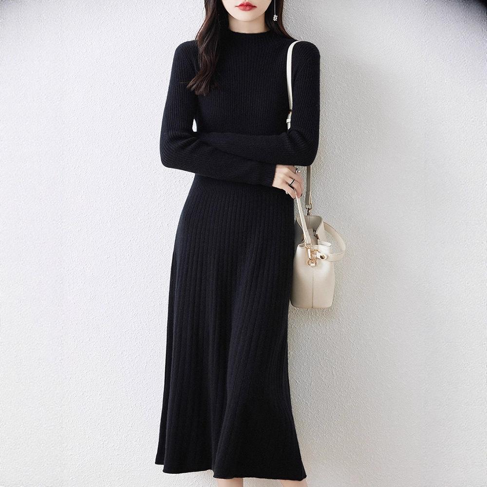 Slimming Mid-length Dress for Women Half Turtleneck Knitted Dress Solid Color A-line Sweater Dress for Autumn and Winter