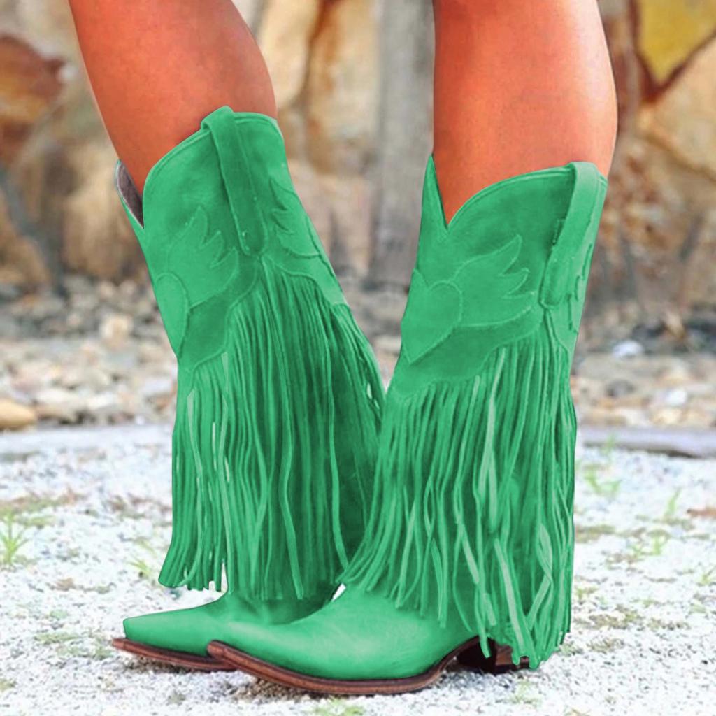Fringe Boots For Women Mid Calf Women's Boots Comfortable Pull On Chunky Heel Pointed Toe Fringed Boots Western Knee High Fit