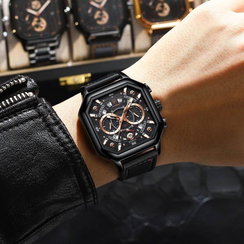 POEDAGAR Luxury Chronograph Square Man Watch Waterproof Luminous Date Men Watch Sports Leather Men's Watches Quartz