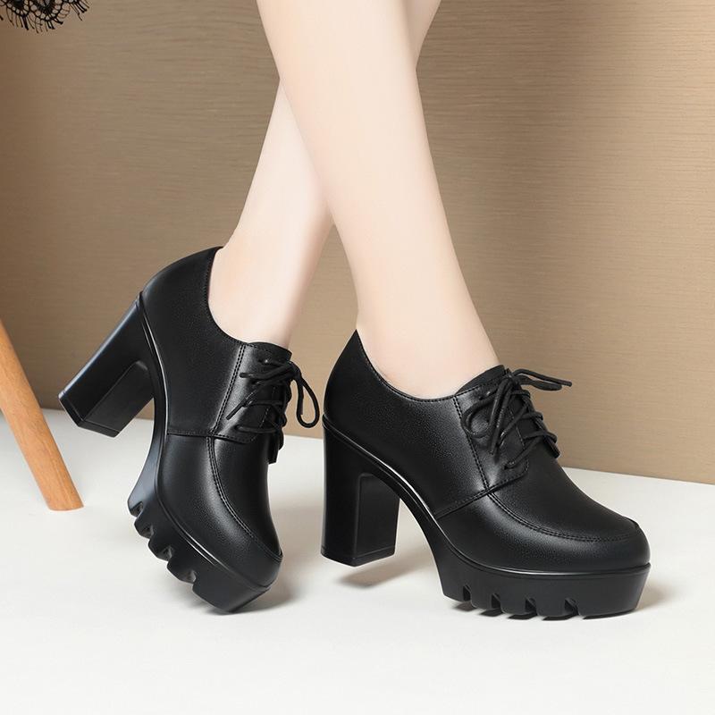 

Весенне-осенние женские туфли из мягкой кожи, черные водонепроницаемые на высоком каблуке-платформе, женские туфли-оксфорды на шнуровке, кожаные туфли для мамы 35