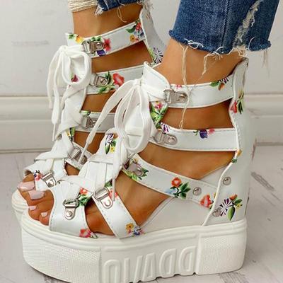 2024 New Summer Women's Sandals Thick Sole Open Toe Lace Up Fish Mouth Sandals Fashion Print Wedge Zipper Sandals for Women