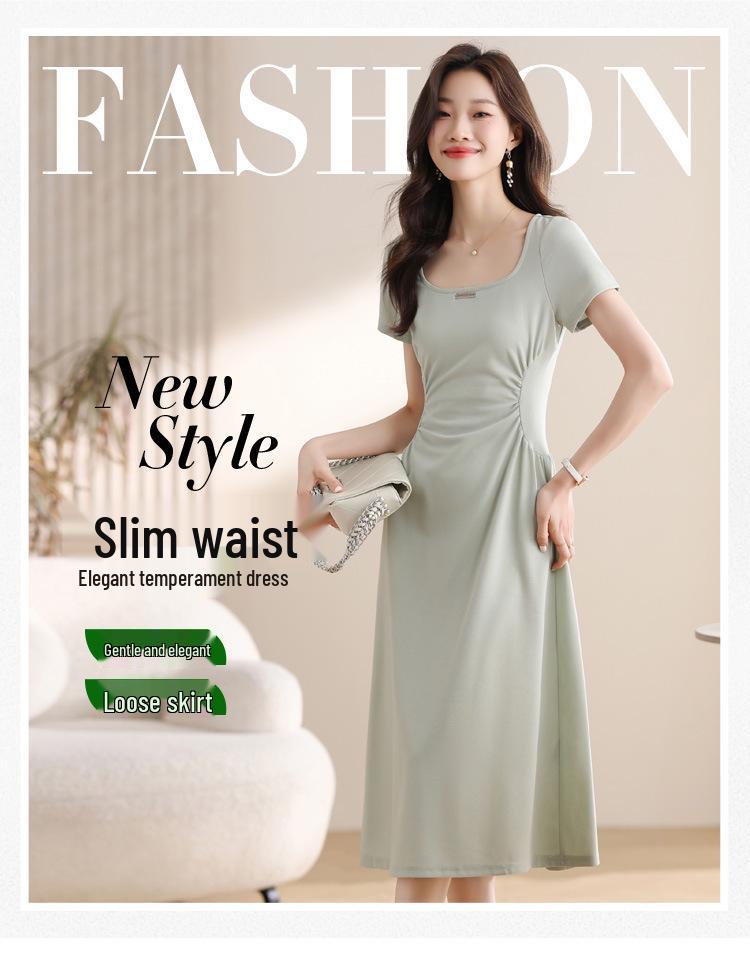 Elegant Green Square Neck Tea Break Dress: Short-Sleeved, Waist-Cinching, High-Class Summer Arrival